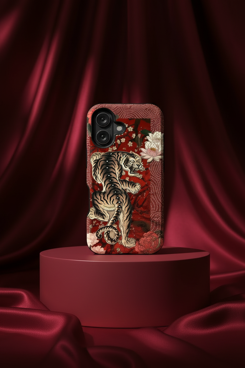 Phone case with tiger design on a red platform against a red curtain background