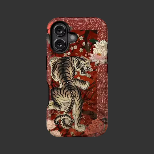 Phone case with tiger design on a red background