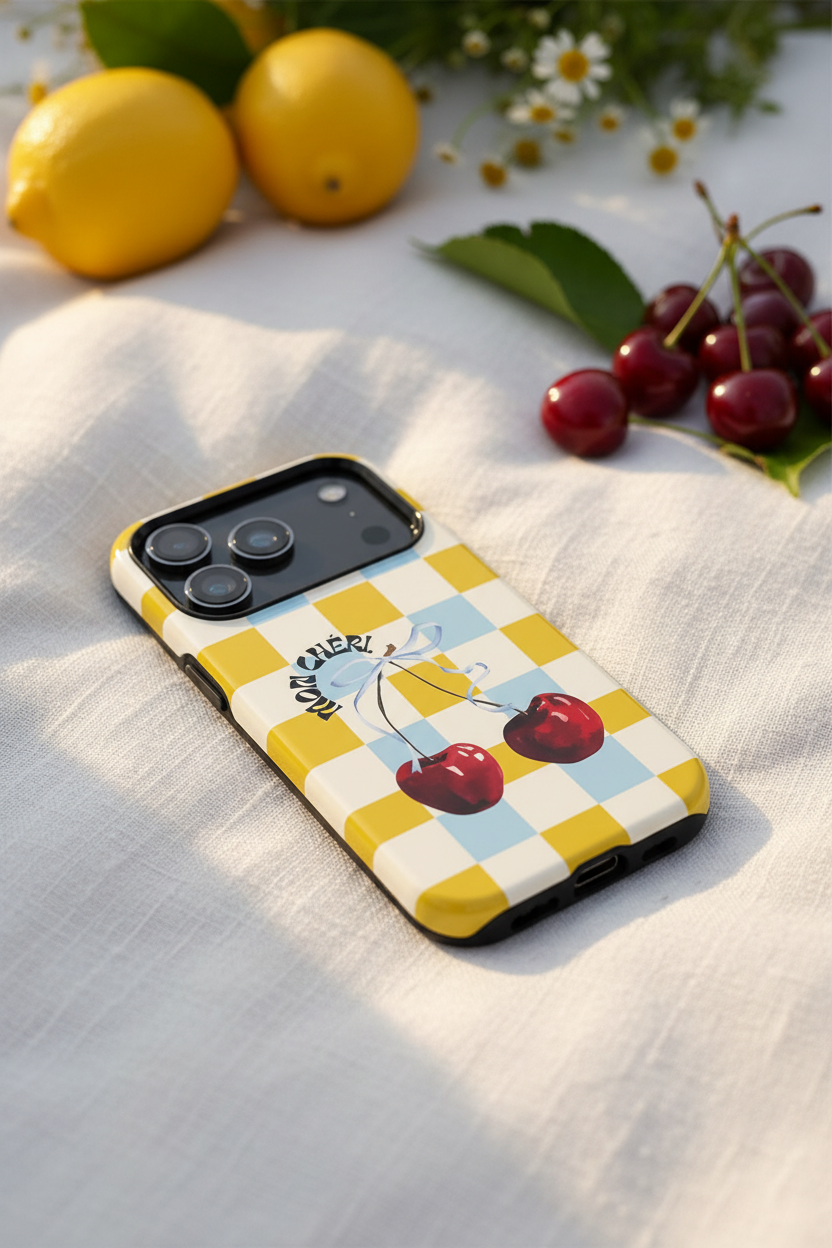 Phone case with cherry design on a checkered background, surrounded by lemons and cherries on a white fabric background.