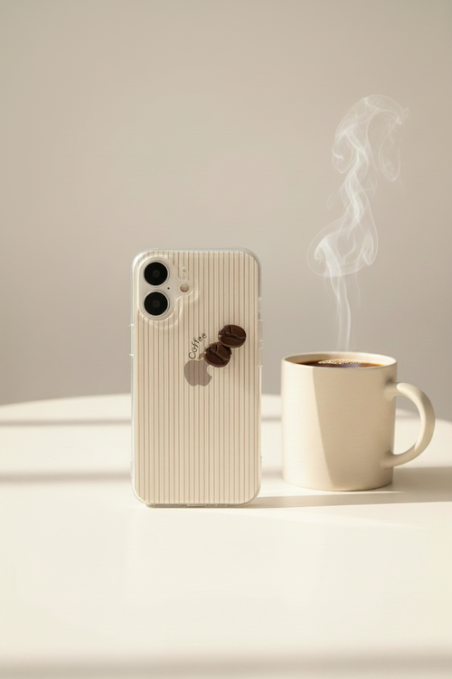Phone with a textured case next to a steaming cup of coffee on a neutral background