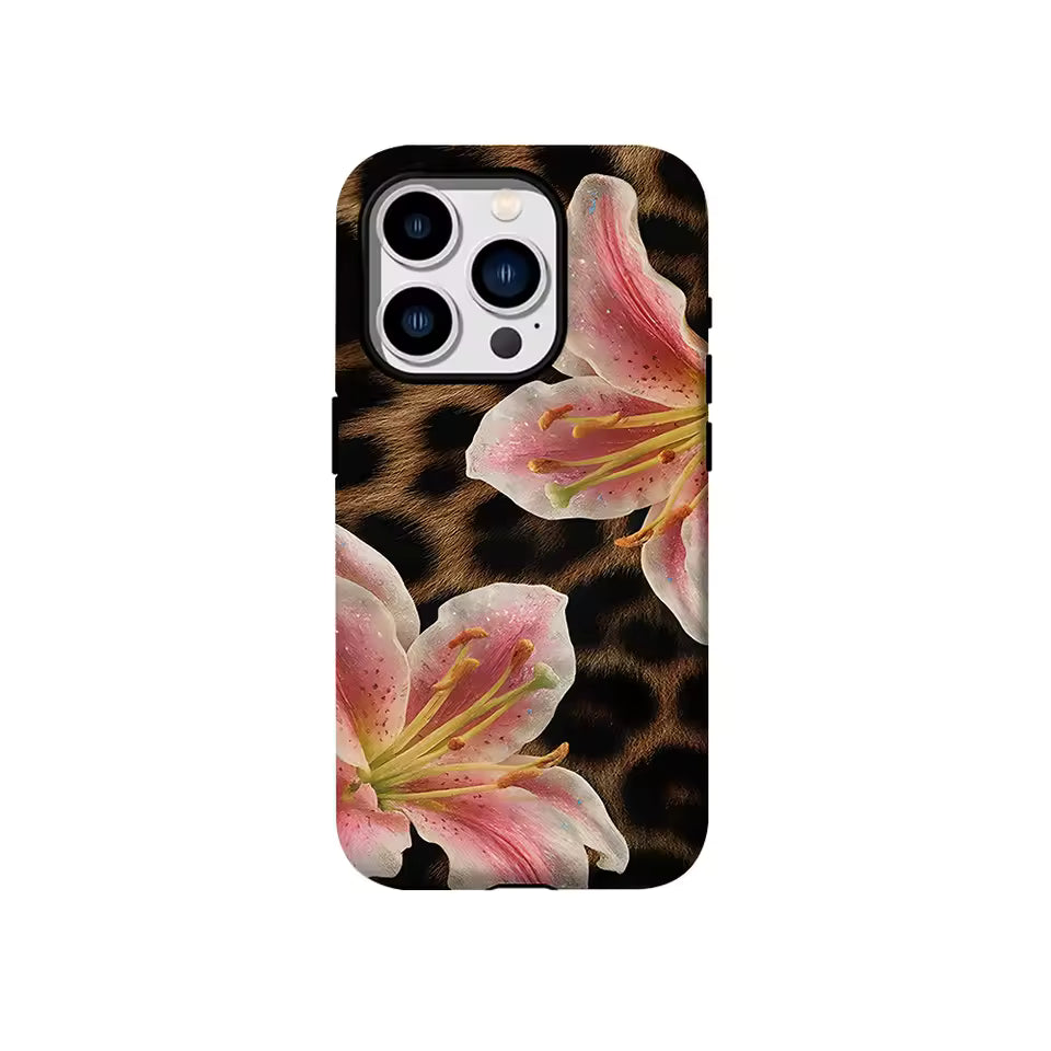 Phone case with leopard print and pink flowers on a white background