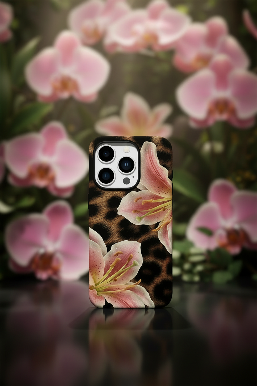 Phone case with leopard print and floral design against a blurred floral background