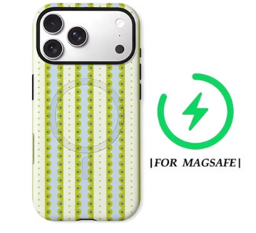 Pistachio Pop MagSafe phone case featuring lime green and white stripes with a delicate dotted texture
