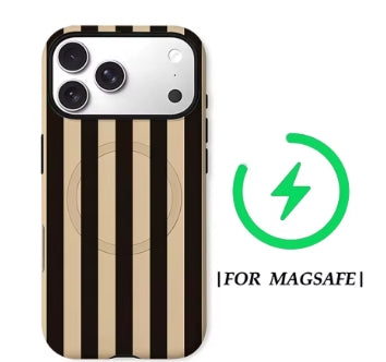 The Column MagSafe phone case featuring bold black and warm tan vertical stripes