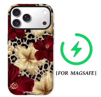 Scarlet Prowl MagSafe phone case featuring crimson roses and cream hibiscus over a bold leopard print background