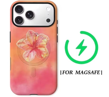 Coral Bloom MagSafe phone case featuring a delicate hibiscus on a warm coral-to-blush gradient background