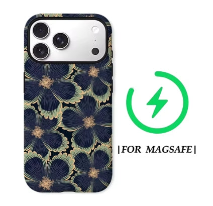 Indigo Petals MagSafe Case — dark navy floral print with gold accents