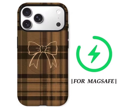 Plaid & Pretty MagSafe Case — brown plaid with golden bow detail