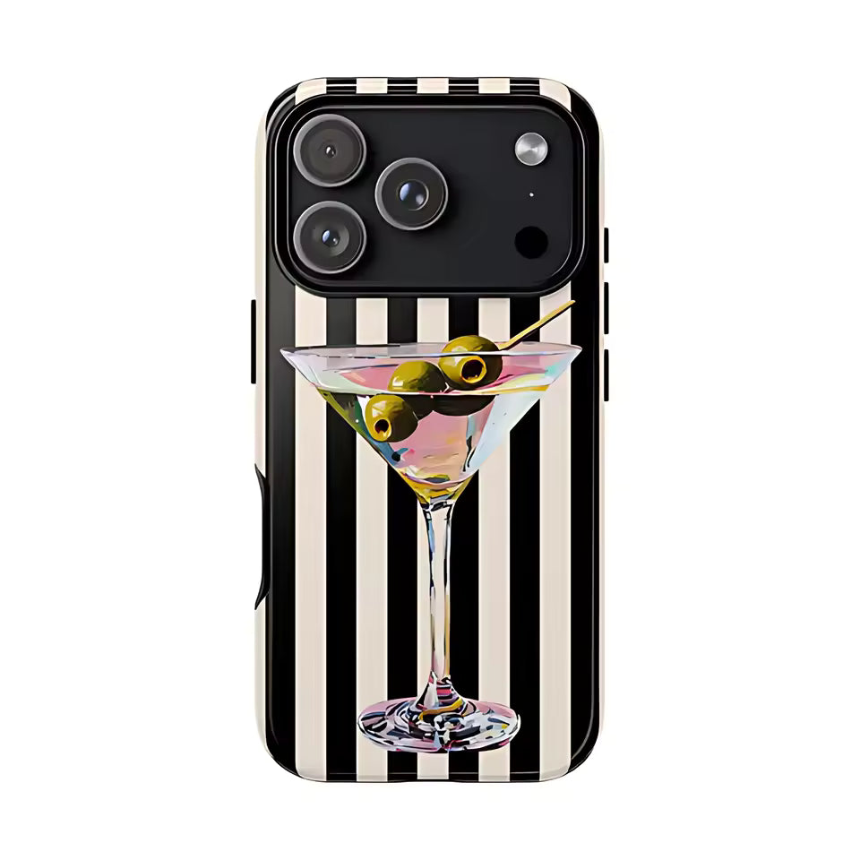 Phone case with a martini glass design on a black and white striped background