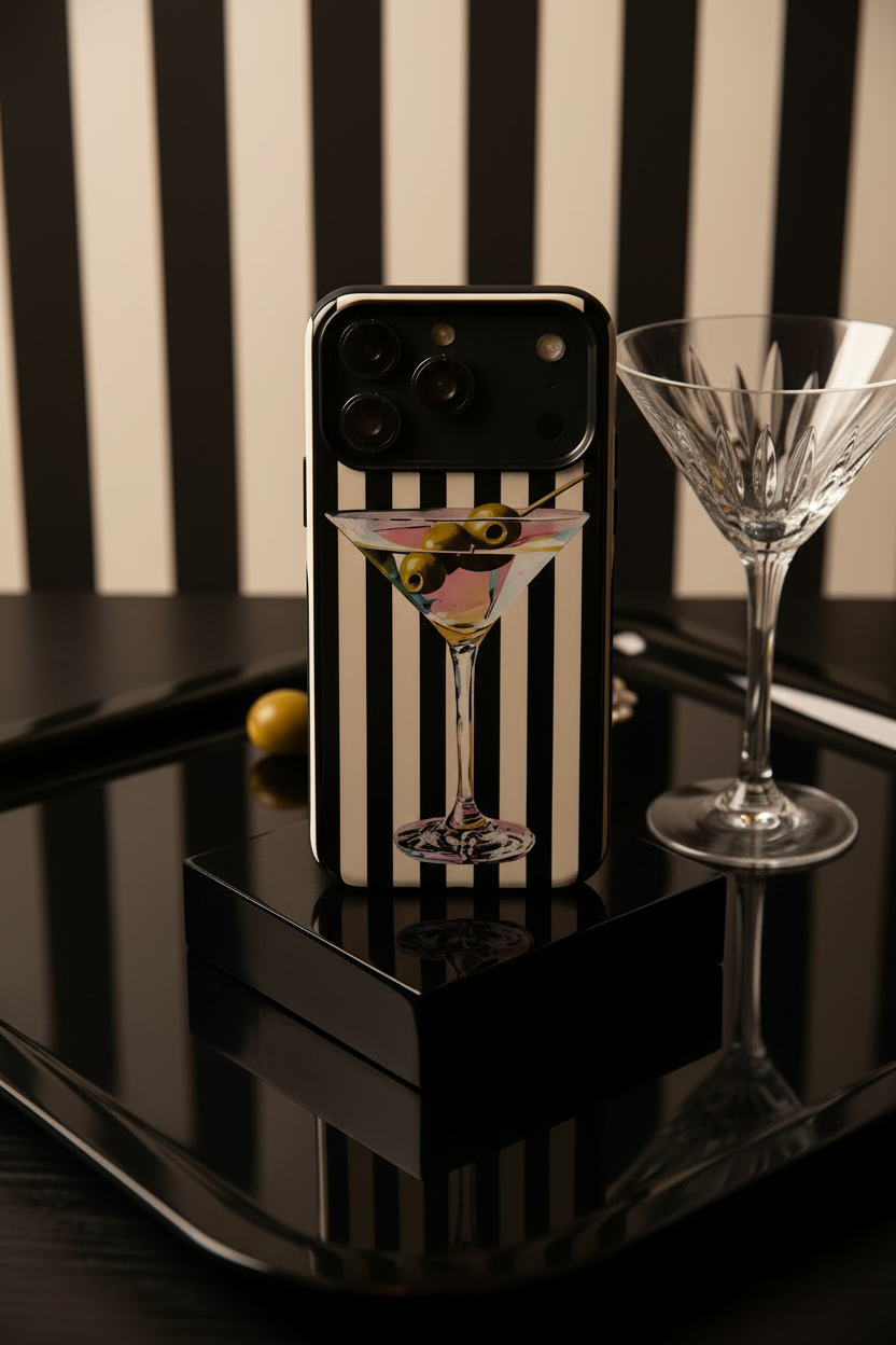 Phone case with martini glass design on a black and white striped background