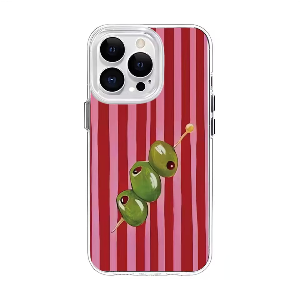 Phone case with green olives on a red and pink striped background