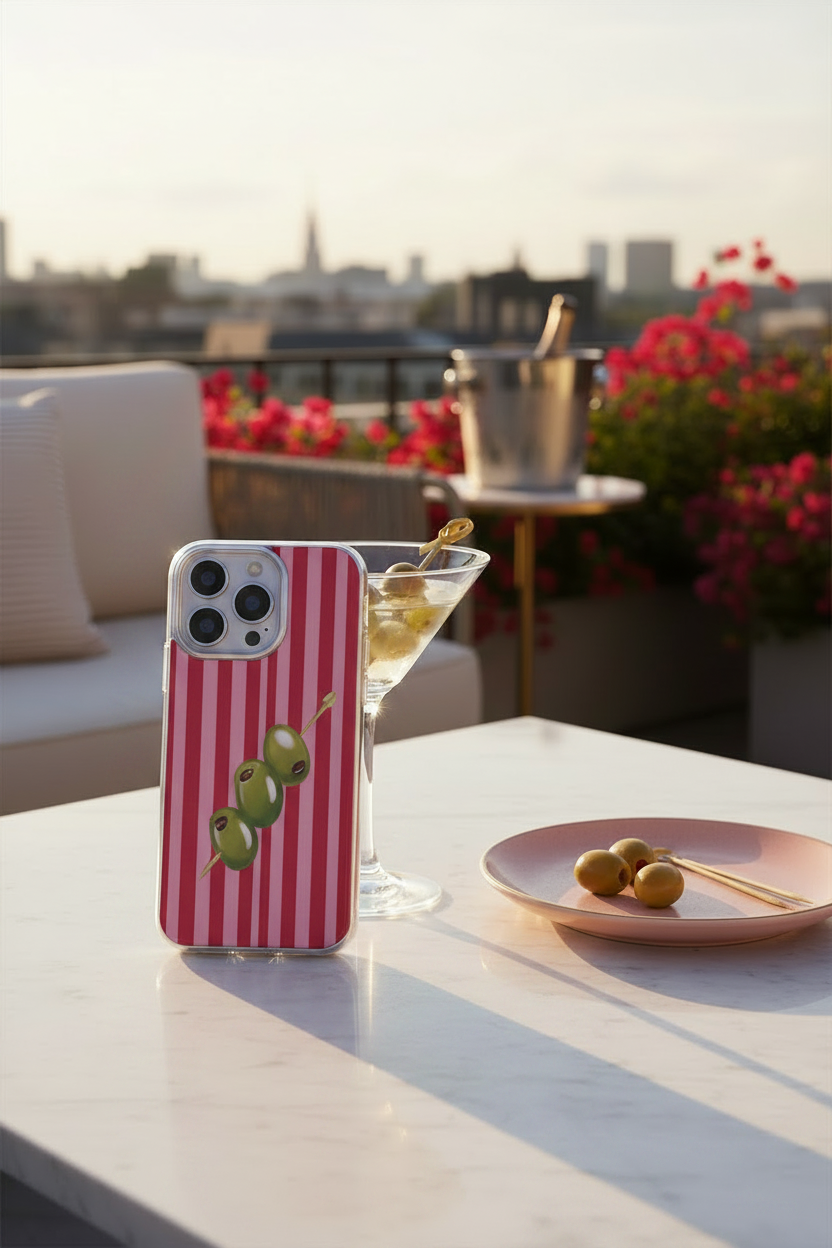 Phone case with striped design on a table with a cityscape background