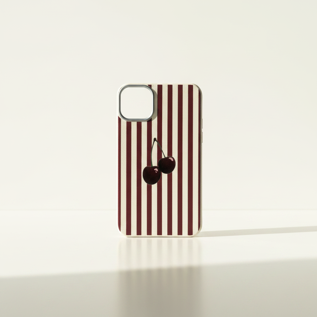 Phone case with red and white striped pattern and two cherries on a light background