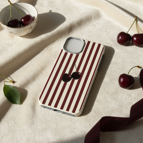 Phone case with cherry design on a beige surface with cherries
